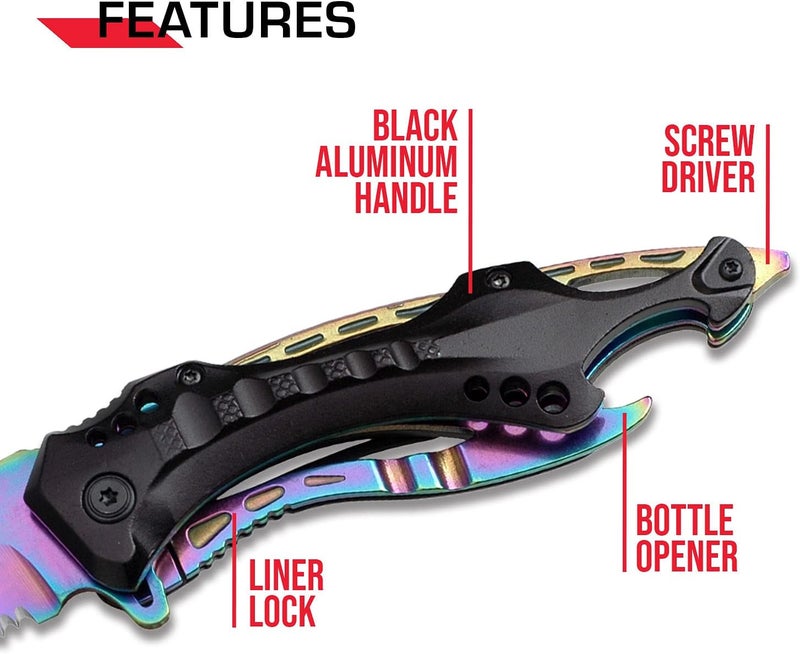 Tac-Force Folding Pocket Knife, 3.25-inch Serrated Rainbow Blade, Black Aluminum Handle, 7.75-inch Overall Length TF-705RB - Image 4